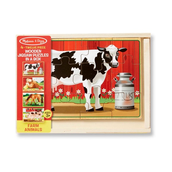 NWT Melissa & Doug wooden puzzles in a box farm animals cow horse pig rooster - Picture 6 of 6